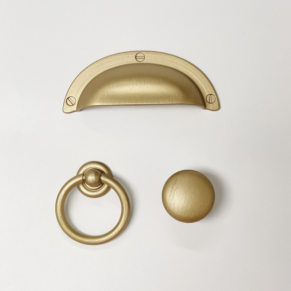 Capri Brushed Gold Cup Drawer Pull, Ring Pull or Round Cabinet Knob