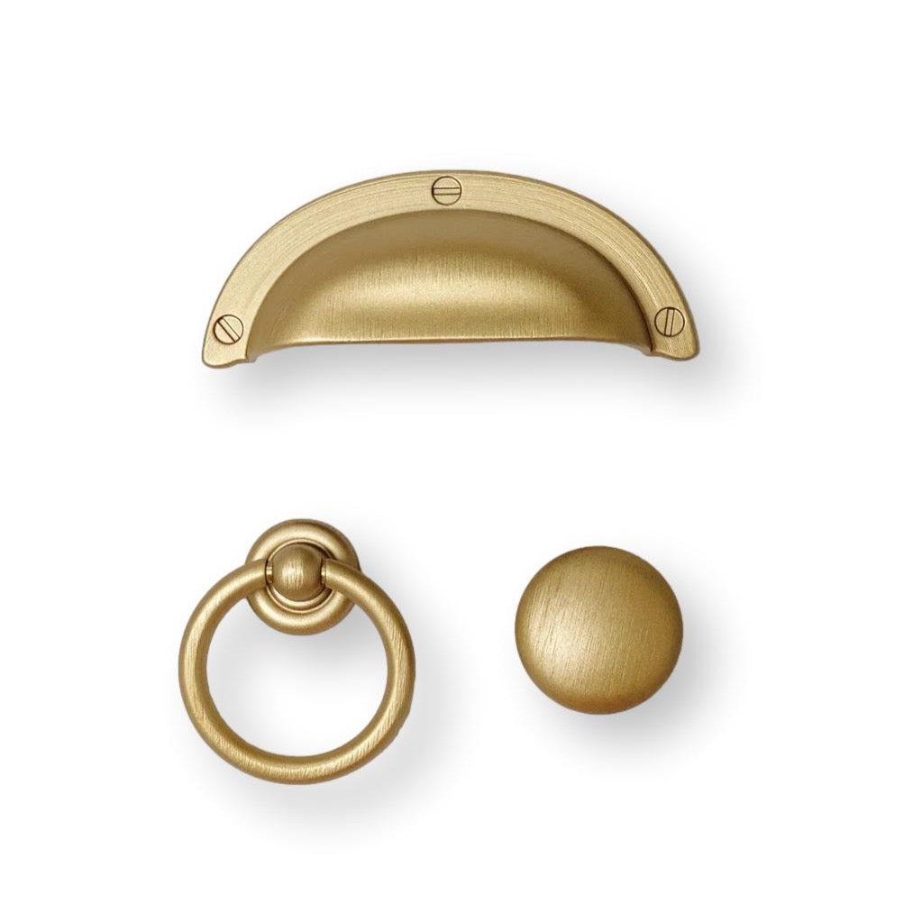 Capri Brushed Gold Cup Drawer Pull, Ring Pull or Round Cabinet Knob